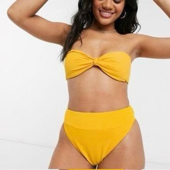 Abercrombie Yellow Ribbed Knot Bandeau Bikini Set XL Top L High Cheeky Bottom - Picture 1 of 16